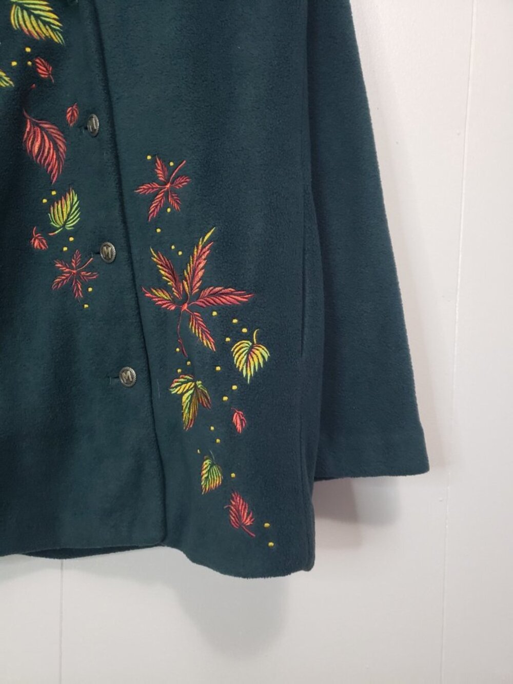 Bob Mackie Wearable Art  Women L Jacket Green Fleece Fall Leaf Embroidery Button - Picture 3 of 5